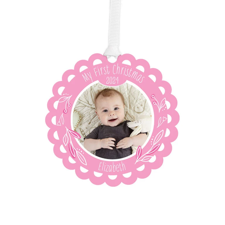 Hallmark Baby’s First Christmas Pink Scalloped Personalized Text And Photo Metal Ornament 1 Hallmark Baby’s First Christmas Pink Scalloped Personalized Text And Photo Metal Ornament