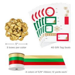 Hallmark Christmas Gift Wrap Kit With Wrapping Paper, Bows, Ribbons And Tags -Hallmark Shop RedWhiteGreen 3Roll Holiday Wrapping Paper Set 5JXW1200 08