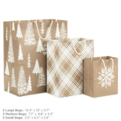 Hallmark Christmas Kraft 8-Pack Holiday Gift Bags, Assorted Sizes And Designs -Hallmark Shop White on Kraft Paper Assortment Christmas Gift Bags 5XGB1417 03